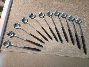 11 Vintage Ekco Eterna Epic Japan  Canoe Stainless Black Handled Long Spoons